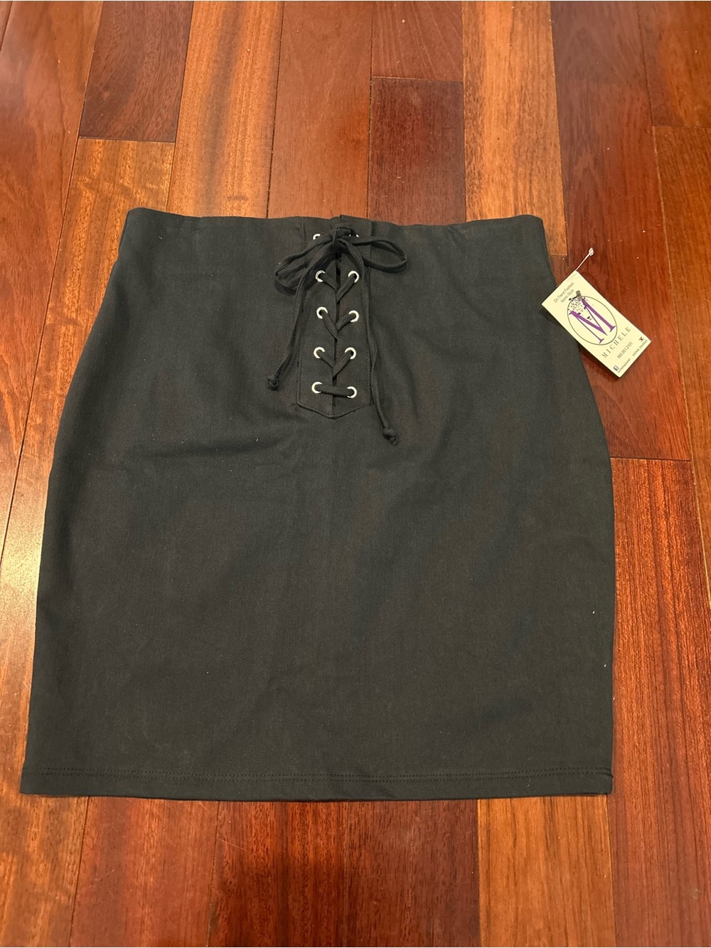 NWT Michele Navy Lace-Up Mini Pencil Skirt Slim Medium Back Zipper